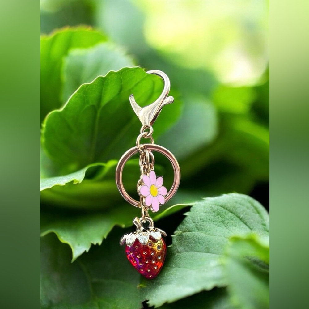 Gold Tone Keychain Bag Charm With Pink Flower & Red Iridescent Strawberry Charm
